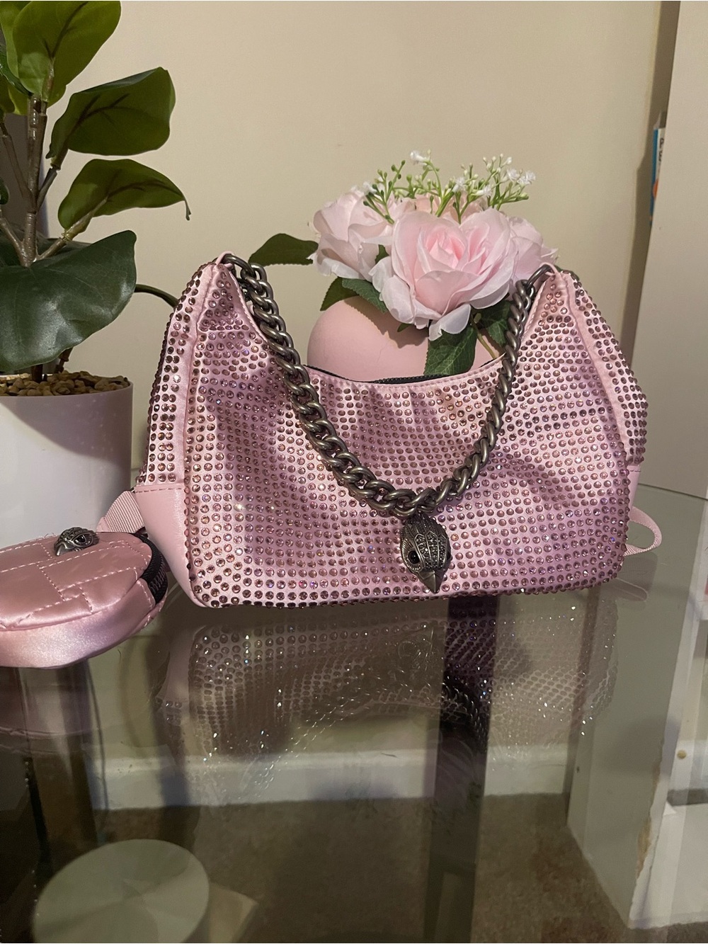 Kurt Geiger Pink Crystal-Embellished Shoulder Bag with Chain Accent
